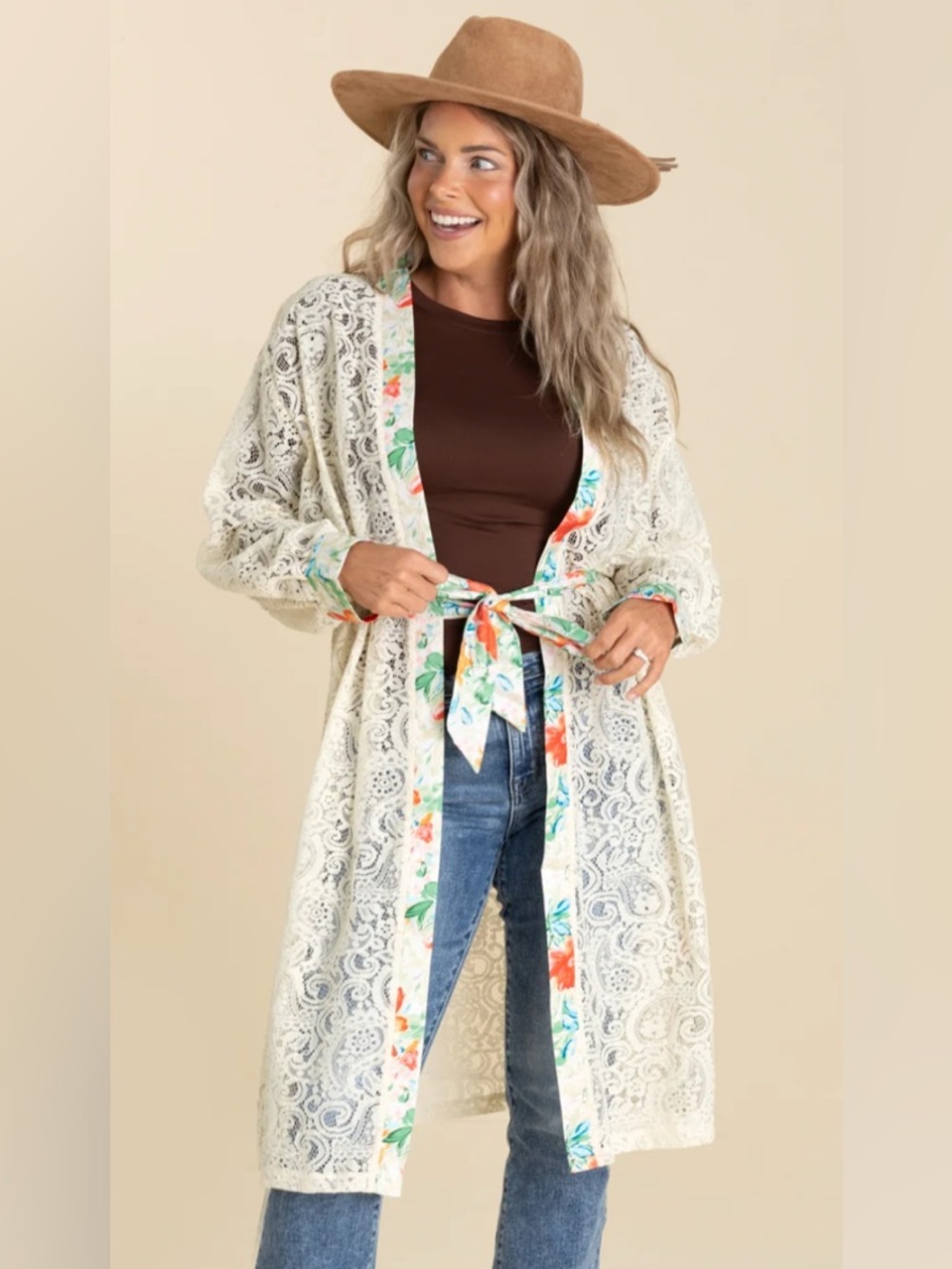 🌼NWOT POL Cream Lace Kimono with Multicolor Floral Trim